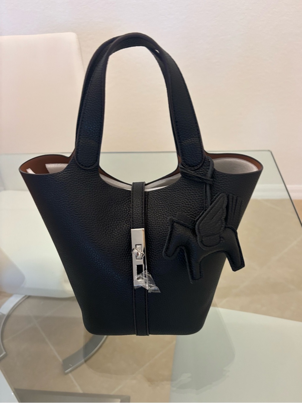 Black Pebbled Leather Mini Tote with Horse Charm
